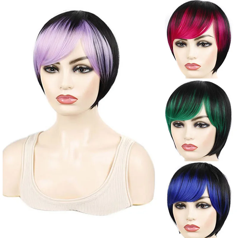 Short Straight Hair Wig Bob Haircut Black Dark Green Ombre Color Fashion Wigs For White Women