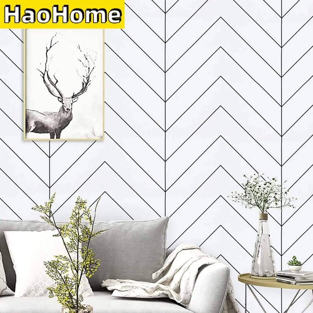 HaoHome White and Black Geometric Contact Paper Black Stripes Peel and Stick Wallpaper Modern Removable Self Adhesive Wall Paper