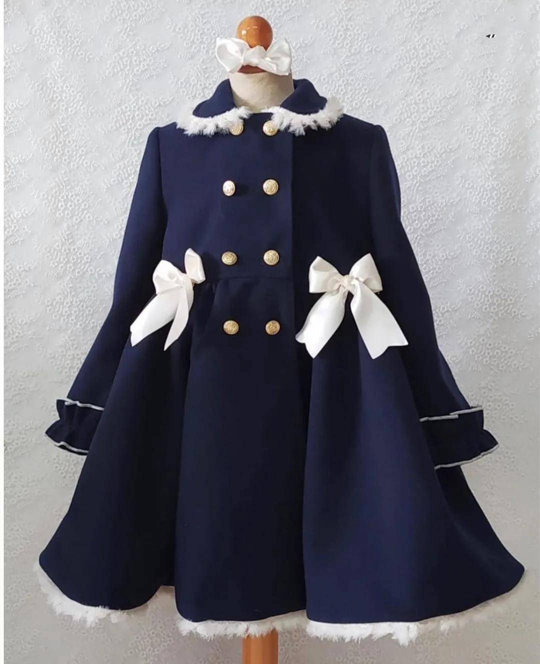 

1-12Y Baby Girl Autumn Winter Handmand Customized Palace England Spanish Navy Blue Princess Wool Coat for Casual