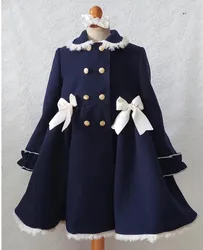 1-12Y Baby Girl Autumn Winter Handmand Customized Palace England Spanish Navy Blue Princess Wool Coat for Casual