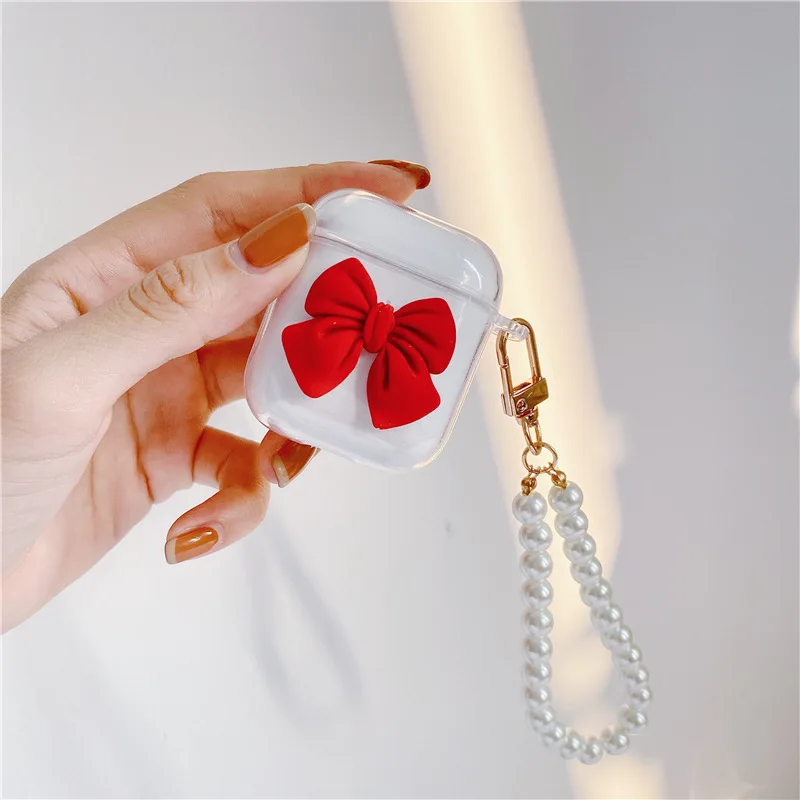 Luxury Bowknot Clear TPU Soft Earphone Case For AirPods 1 2 Pro Bluetooth Headset Box Cover With Cute Pearl Bracelet Keychain