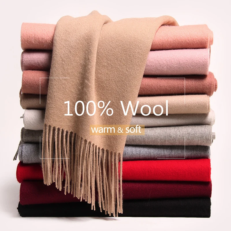 100% Wool Scarf For Women Solid Shawls Wraps For Ladies Long Warm Pashmina Scarf Tassel Cashmere Scarves Winter Foulard Femme