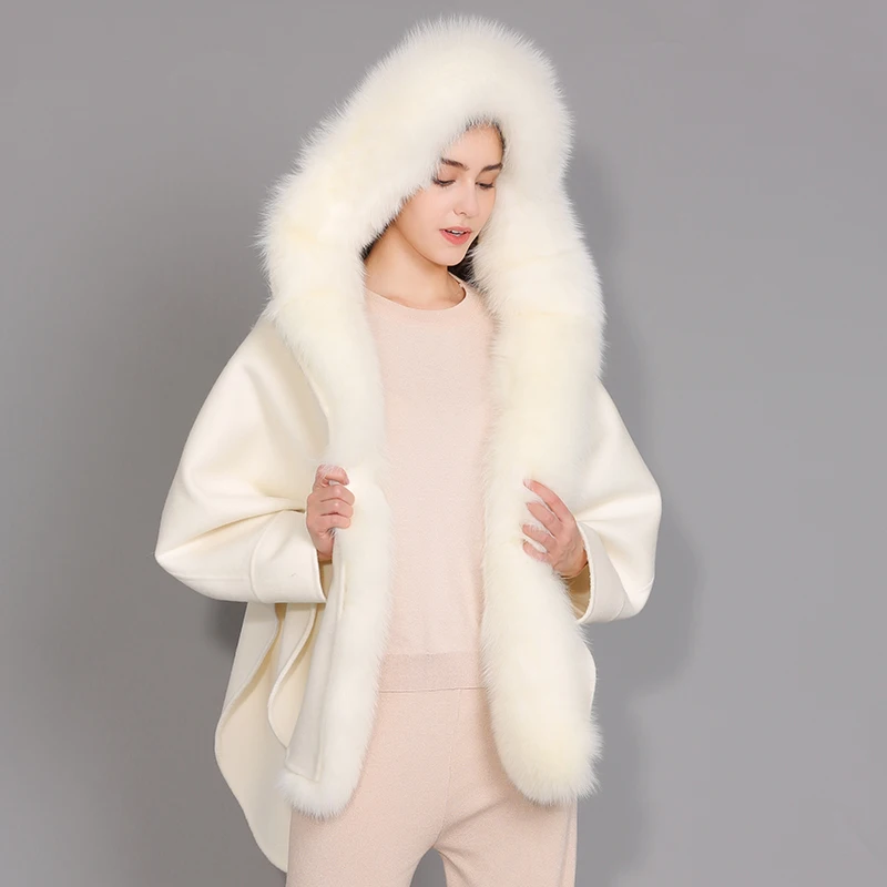 Jxwatcher, abrigo de invierno para mujer, abrigos de lana cálidos elegantes, abrigo de mezcla de Cachemira con capucha de piel de zorro Real a la moda de estilo coreano para mujer, abrigo de otoño