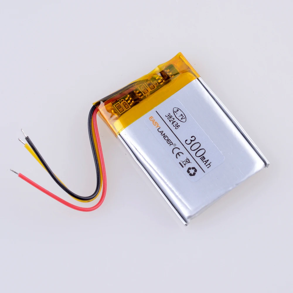Bateria recarregável do polímero do Li-íon do lítio, 3 linhas, 382436, 3.7V, 300mAh, para GPS, MP3, telefone celular, orador