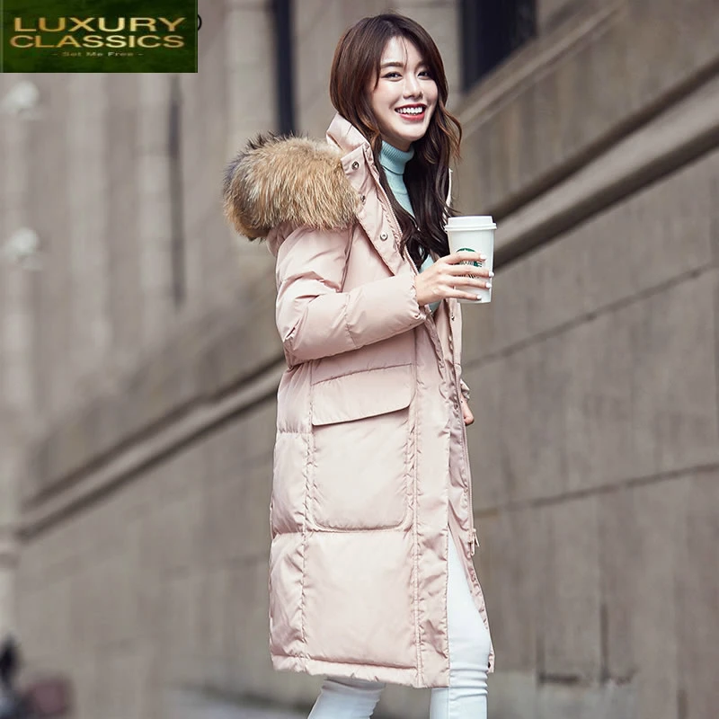 

Duck Winter Down 90% Jacket Women Thick Warm Long Coats Female Pink Clothes Large Fur Hooded Clothing Ladies 2021 LWL1030