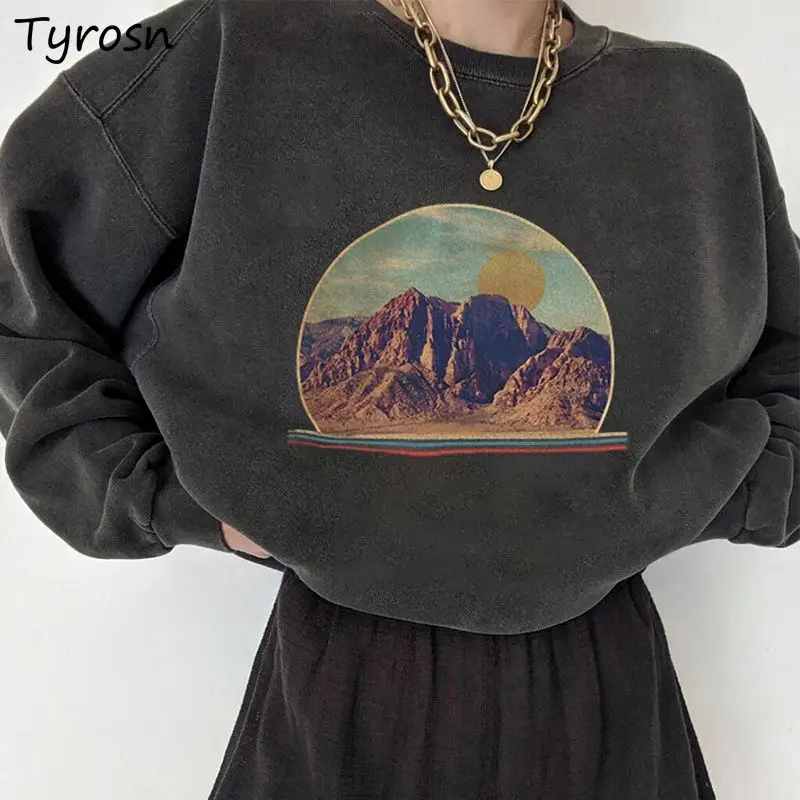 No Hat Hoodies Women O-neck Gray Retro All-match Design Pattern Korean Style Vintage Streetwear Printing Sweatshirts Teens Chic