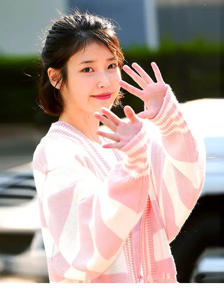 Kpop Iu Lee Ji Eun Cùng Hồng Dài Áo Len Áo Khoác Nữ Dệt Kim Áo Len Cardigan Nữ Thu Đông Hàn Quốc Ấm Rời cổ Chữ V Áo Len