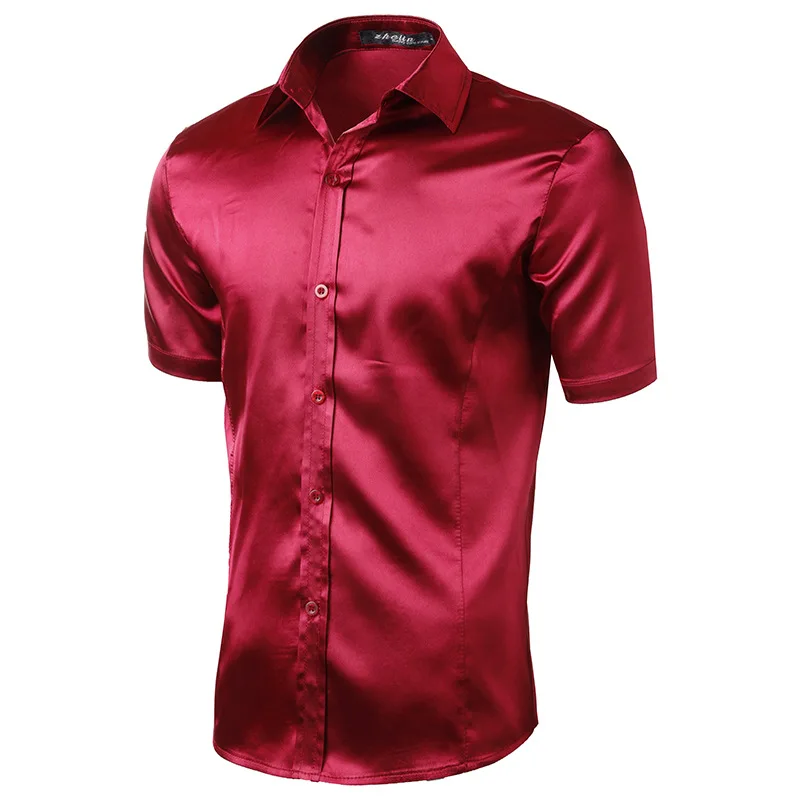 Purple Silk Satin Shirt Men 2020 Summer New Short Sleeve Slim Fit Mens Dress Shirts Casual Smooth Party Event Chemise Homme 2XL