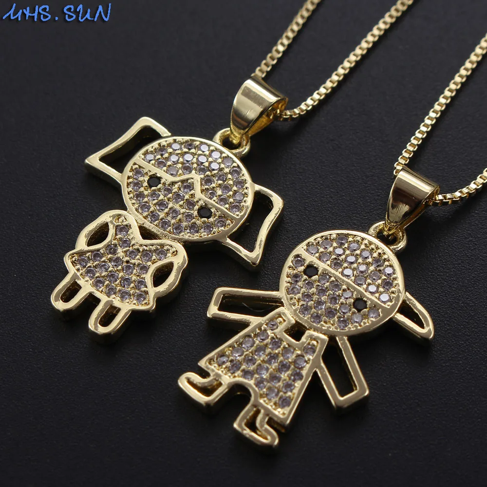 MHS.SUN 1PC Fashoin Pave AAA Zircon Boy Girl Pendant Necklace Women Gold Color Brass Chain Choker For Couple Gift