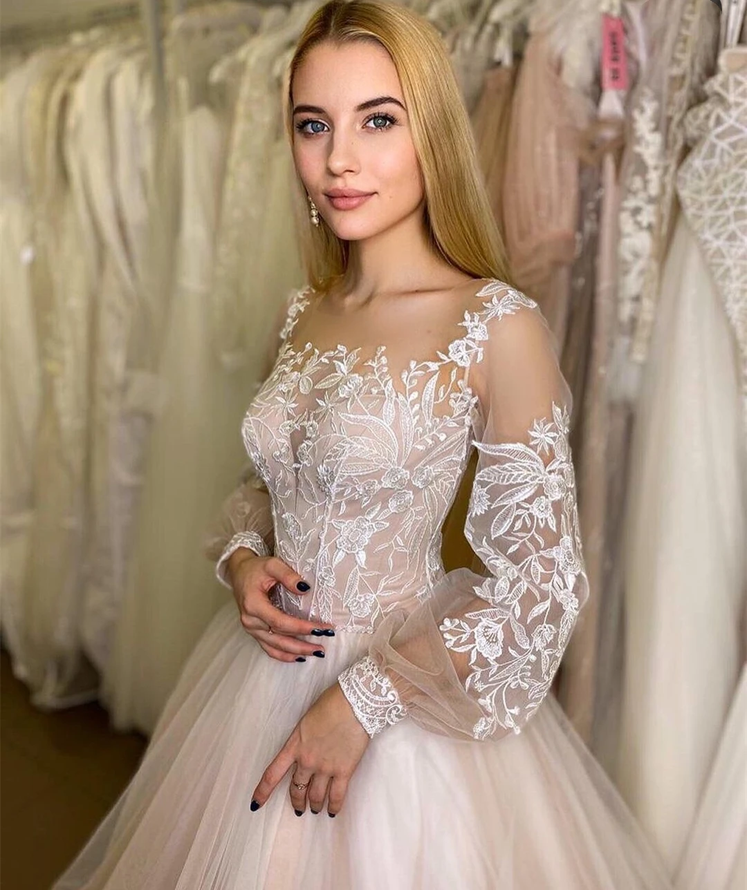 Renda apliques a linha organza tule vestido de casamento para as mulheres manga longa rendas até o chão comprimento elegante corset vestido de casamento