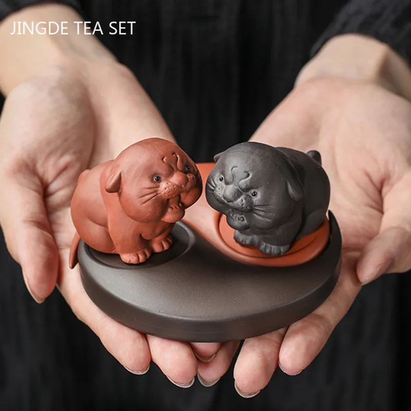 1set Creativity Handmade Purple Clay Tea Pet Chinese Zodiac Tiger Statue Ornaments Boutique Tea Decoration Accessories Crafts