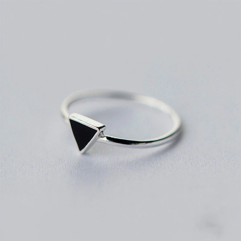 925 Sterling Silber Geometrische Schwarz Emaille Dreieck OL Einstellbare Ring Minimalist Feine Schmuck Für Frauen Party Geschenk