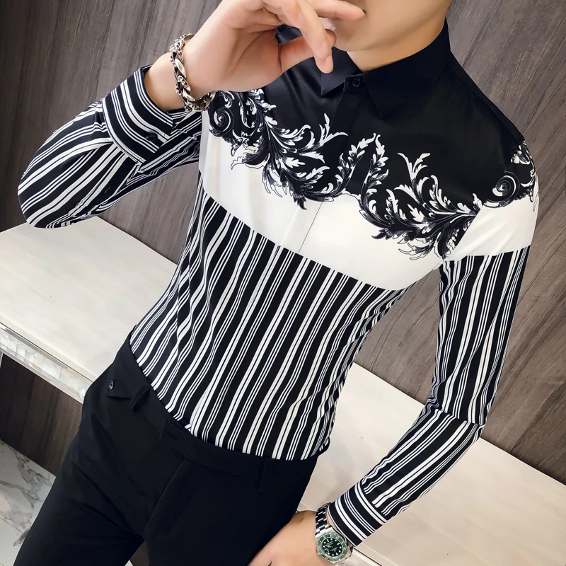 

Flower Dress Stripe Shirt Korean Clothes Men Dress Shirt Men Casual Slim Fit Mens Print Party Club Shirt Camisa Masculina