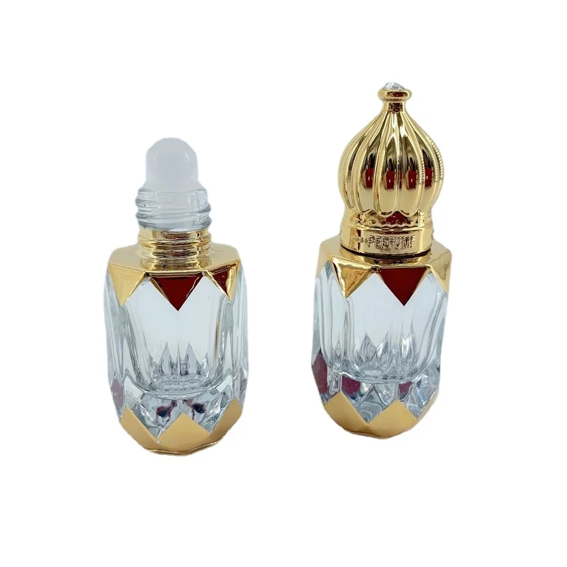 6ml altın arapça kristal uçucu yağ şişeleri Attar Oud cam parfüm şişeleri ile rulo damlalıklı etiket 10 adet/grup P323