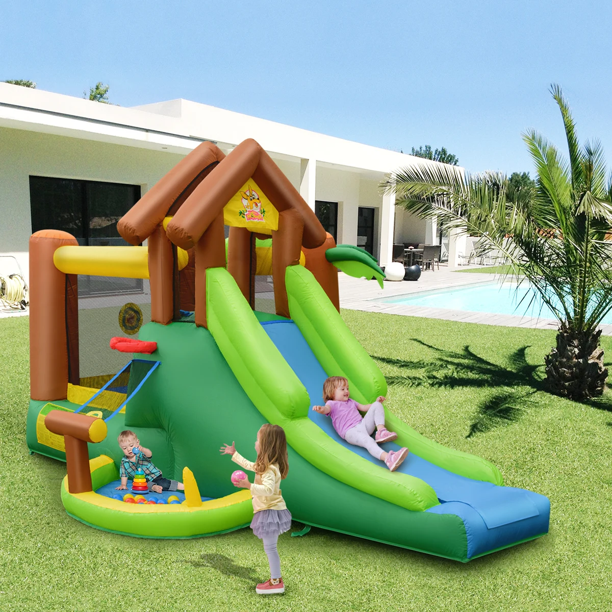 Inflatable Jungle Bounce House Kids Dual Slide Jumping Castle Bouncer w/ Bag