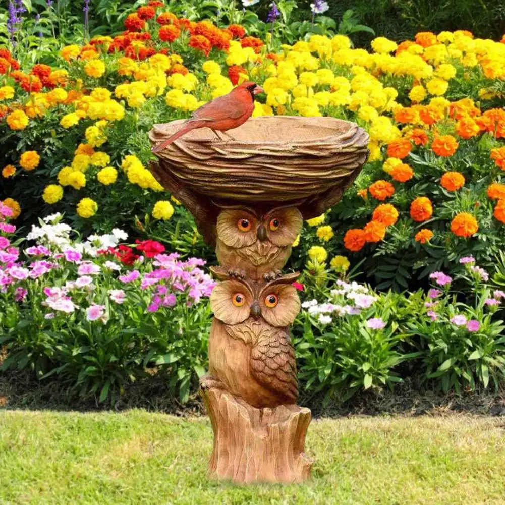 Coruja De resina y pájaros, baño De pájaros, jardín, patio, adorno De césped, comedero De pájaros, decoración De jardín, Fuente De Agua al aire libre, Solaire