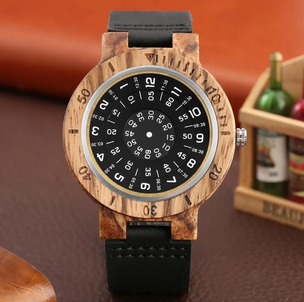 Men\'s Watches Unique Turntable Dial Watch Special Number Dial Wooden Watch Quartz Clock Male Unisex Leather Band Relojes Hombre