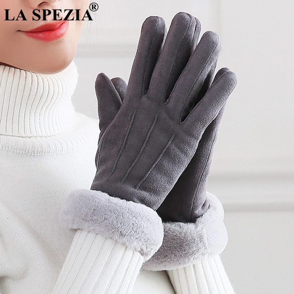 LA SPEZIA Winter Gloves Women Pink Gloves Suede Leather Warm Gloves With Fur Ladies Biker Driving Touch Screen Mittens Gray 2024