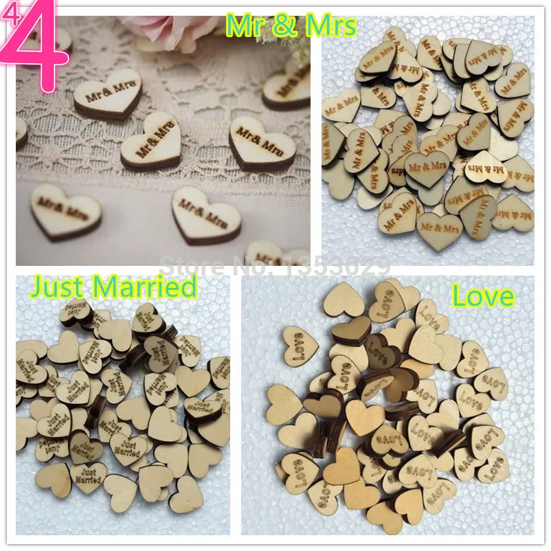 50x Confetti Hearts Table Favors Wood Mr & Mrs Scatter Reception Shabby Chic