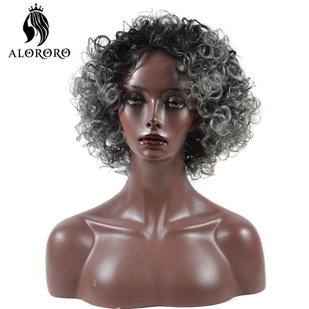 Alororo Afro Short Wig Grey Black Mixed Color Kinky Curly Synthetic Wig 12inch Dark Blonde Hair Wigs for Women Party and Daily