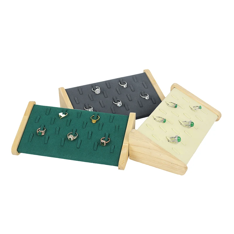 Beige Massief Houten Microfiber 22 Grids Geneigd Vliegtuig Femal Ring Sieraden Display Trays Voor Oorbel Hangende Showcase Standhouder