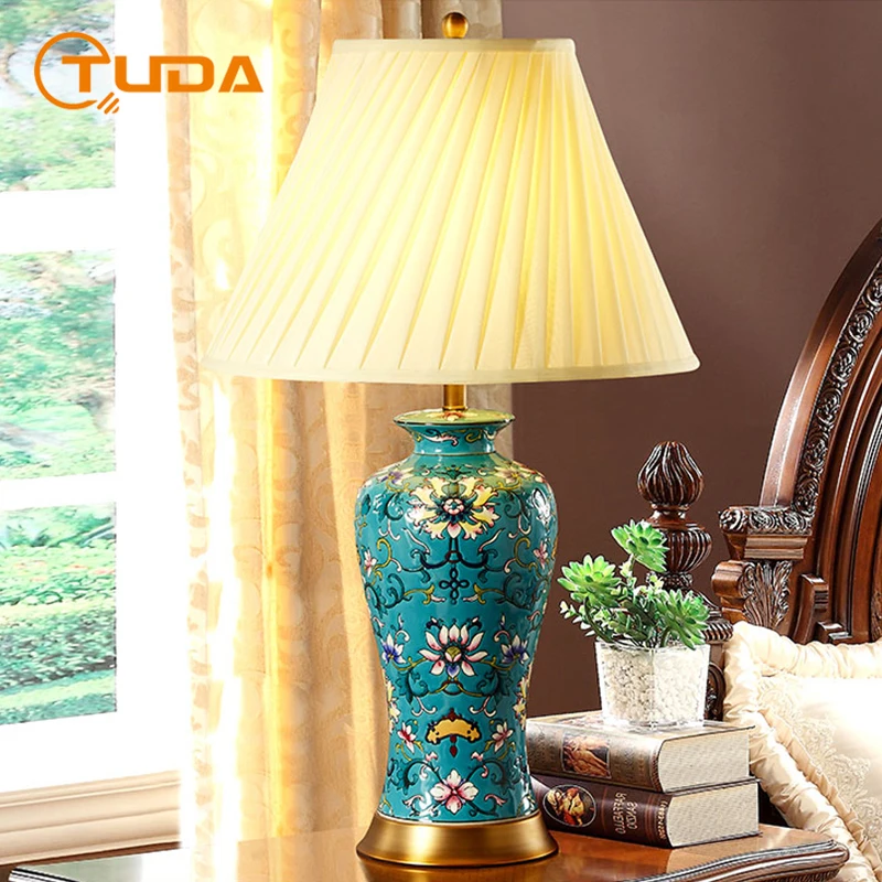 

TUDA 43x73CM Country Jingdezhen Hand Painted Enamel Color Ancient Blue Ceramic Table Lamp For Living Room Bedroom Bedside Lamp