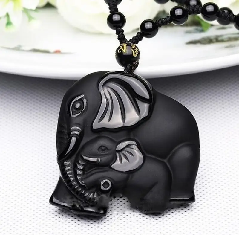 Black natural handmade stone carving cute elephant lucky pendant men\\\\\\\'s necklace fashion amulet jewelry