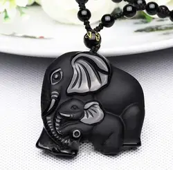 Black natural handmade stone carving cute elephant lucky pendant men\\\'s necklace fashion amulet jewelry