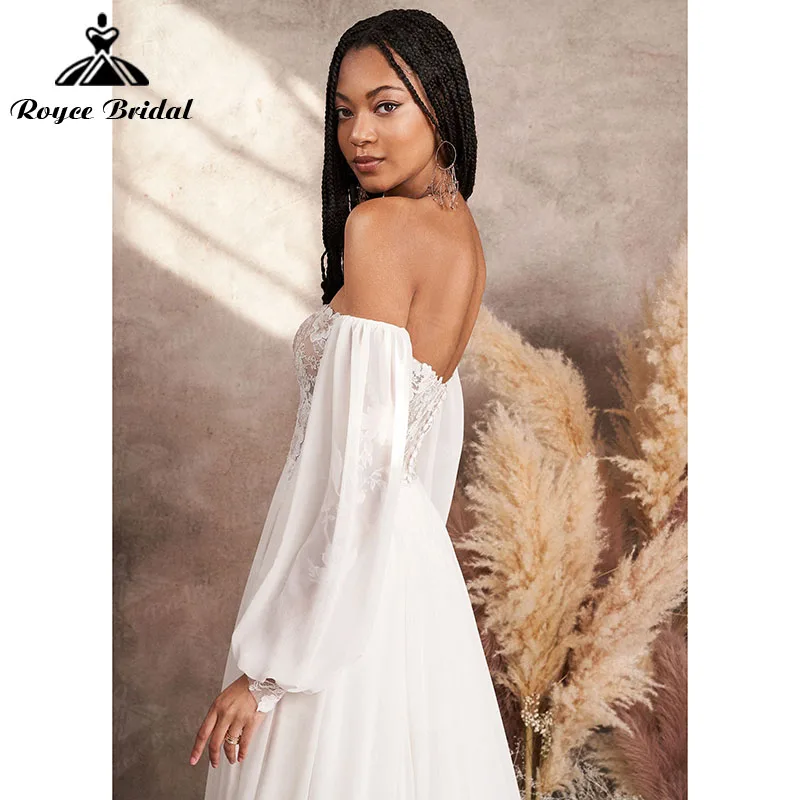 Abito da sposa Boho semplice A Line con manica lunga A sbuffo abito da sposa formale in Chiffon senza schienale in pizzo con spacco laterale 2022