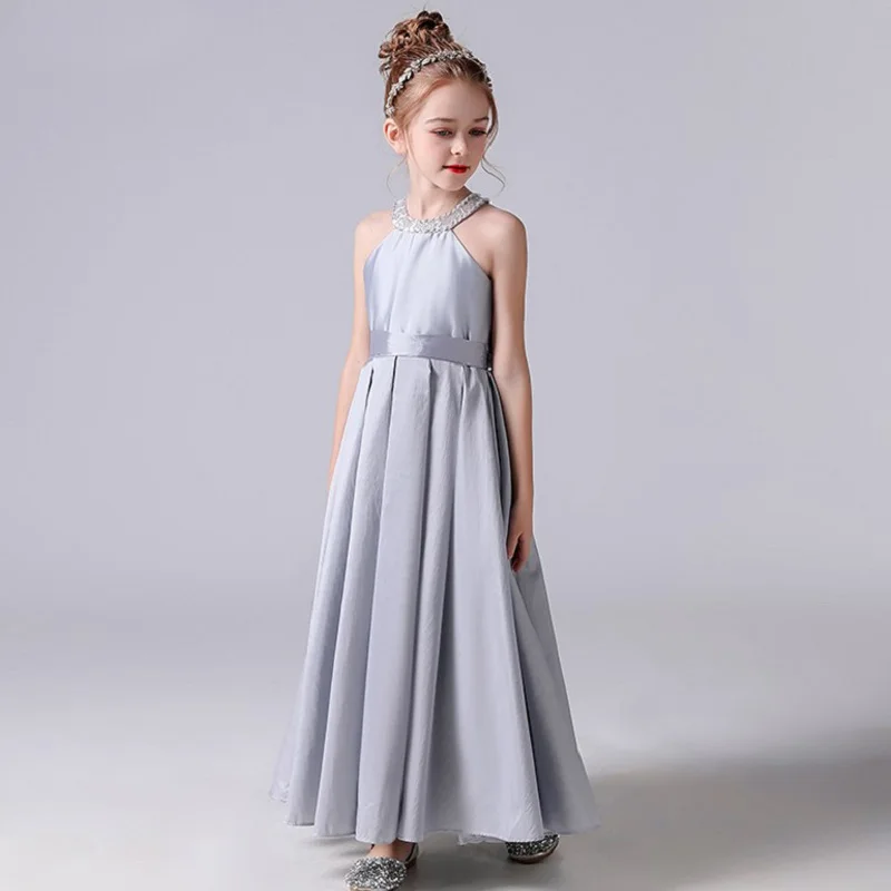 Dideyttawl Sliver Satin Halter Bloem Meisje Jurken Mouwloos Lange Formele Prinses Kids Birthday Party Pageant Jurken 2023