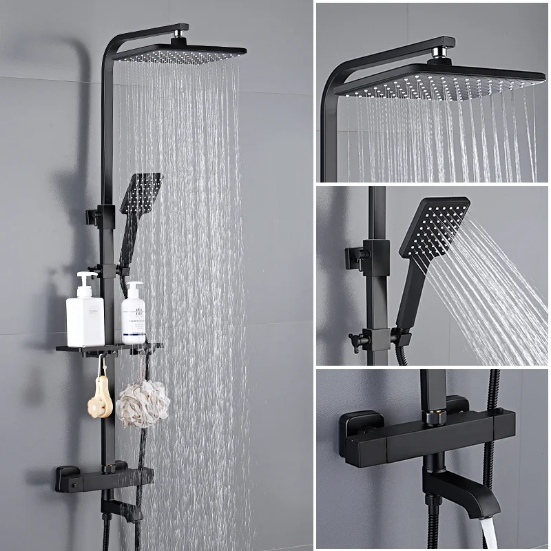 Matte Black Bathroom Thermostatic Shower Faucet Set Rainfall Shower Mixer Tap Bathtub Shower Mixer Tap 3-way Shower Mixe