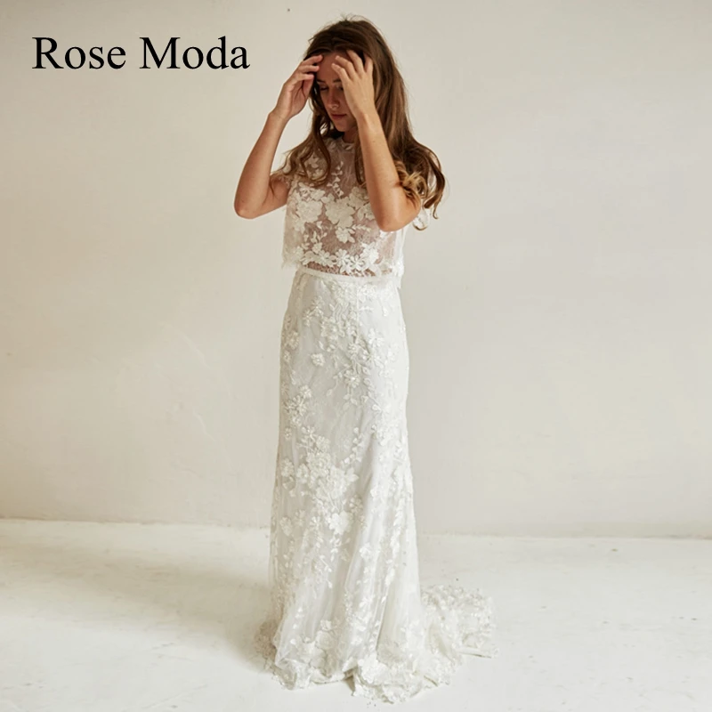 Rosa moda mangas curtas duas peças laço boho vestido de casamento destino vestido de noiva personalizado fazer