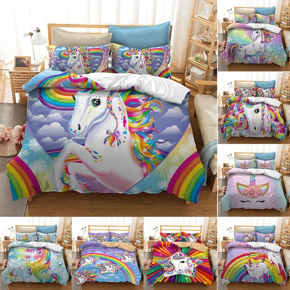 

3D Print Rainbow Unicorn Duvet Cover with Pillow Cover Bedding Set Single Double Twin Full Queen Size Bed Set for Bedroom Decor