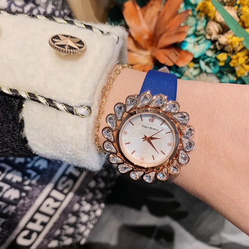 Brand Newest Water Drop Crystals Watches Women Luxury Diamond Garland Flowers Wrist watch Waterproof Real Leather Watch Quartz