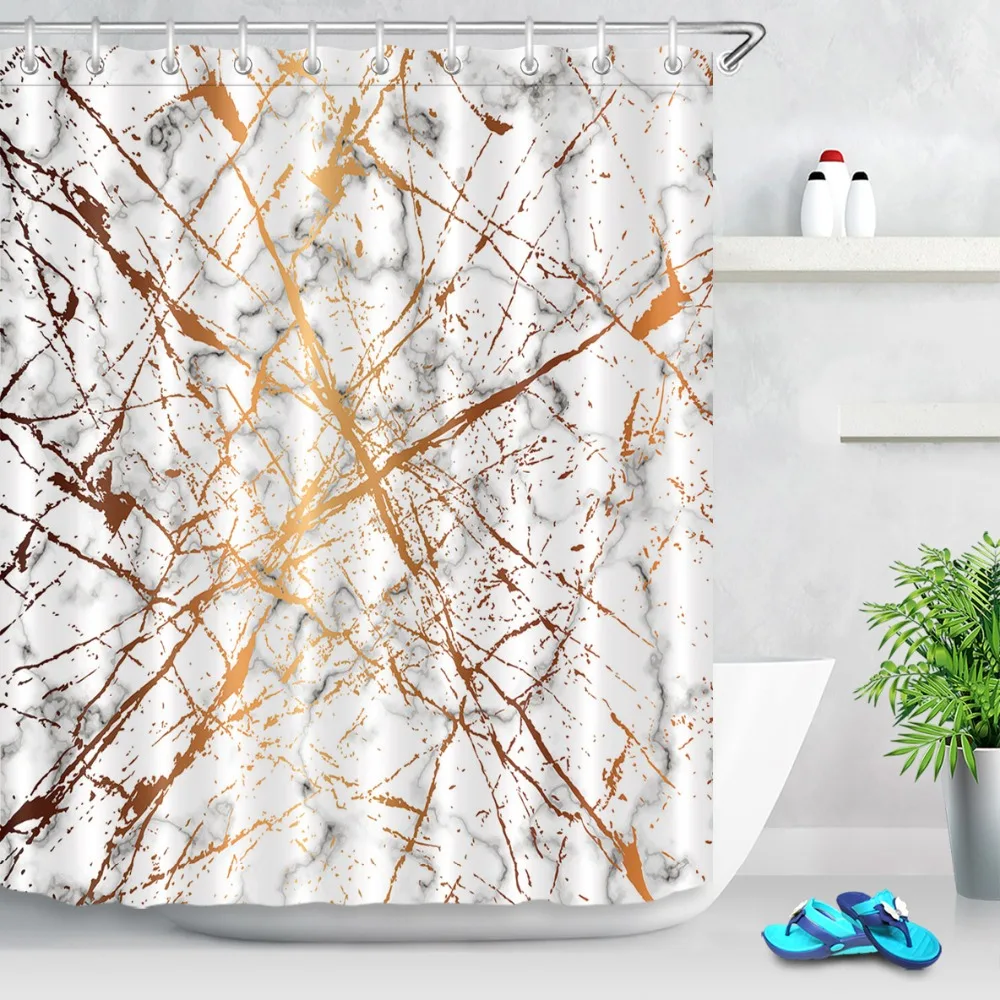 Gold Splatter Lines Black and White Marble Shower Curtains Bathroom Curtain Waterproof Polyester Fabric for Bathtub Art Decor