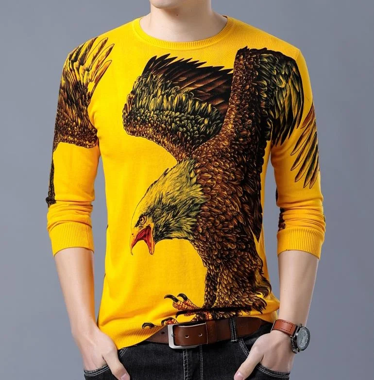 Brand BONJEAN Mens T-Shirt Eagle Wings Tattoo Biker T Shirt Spring Autumn Cotton Print Knitted Tee Shirt size S-4XL