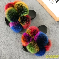 Wholesale  Women Real Fox Fur Slides Home fluffy Flat Sandals Female Cute Fluffy House Shoes Woman raccoon fur slides