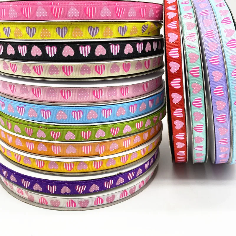 5 Yards 10mm Printed Heart Grosgrain Ribbons for Gift Wrapping Wedding Decoration Hair Bows DIY #Ro