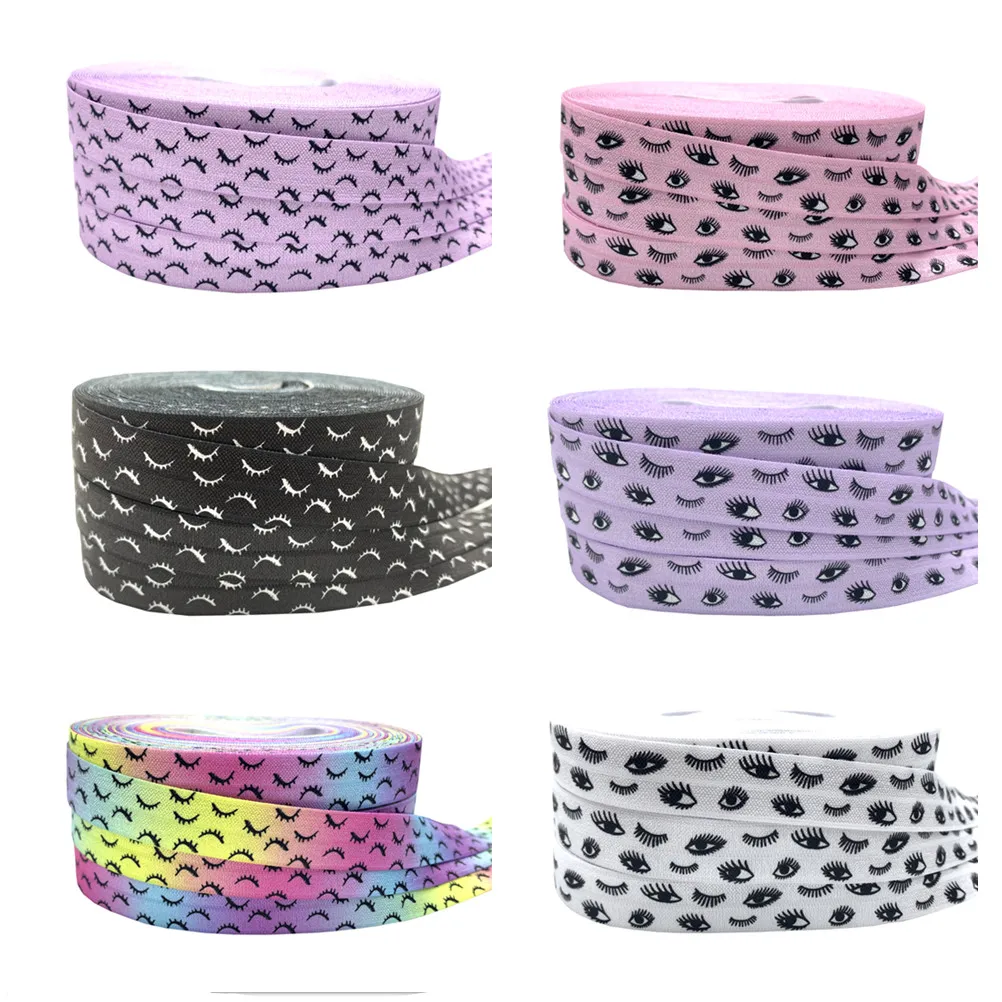 16mm Eyelashes Print Fold over Elastic Band Sewing Tape Handmade Crafts Accessories DIY Baby Headband Hair Ties