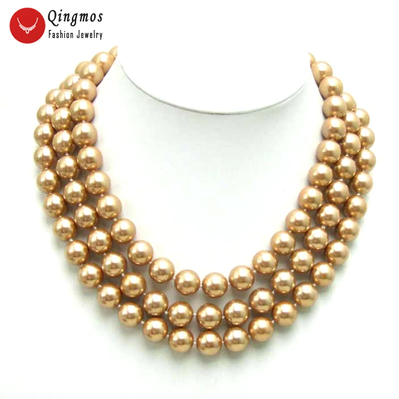 

Qingmos Fashion 12mm Champagne Sea Shell Pearl Necklace for Women with Sea Shell Pearl Chokers 3 Strands 17-18-19" Jewelry n5354