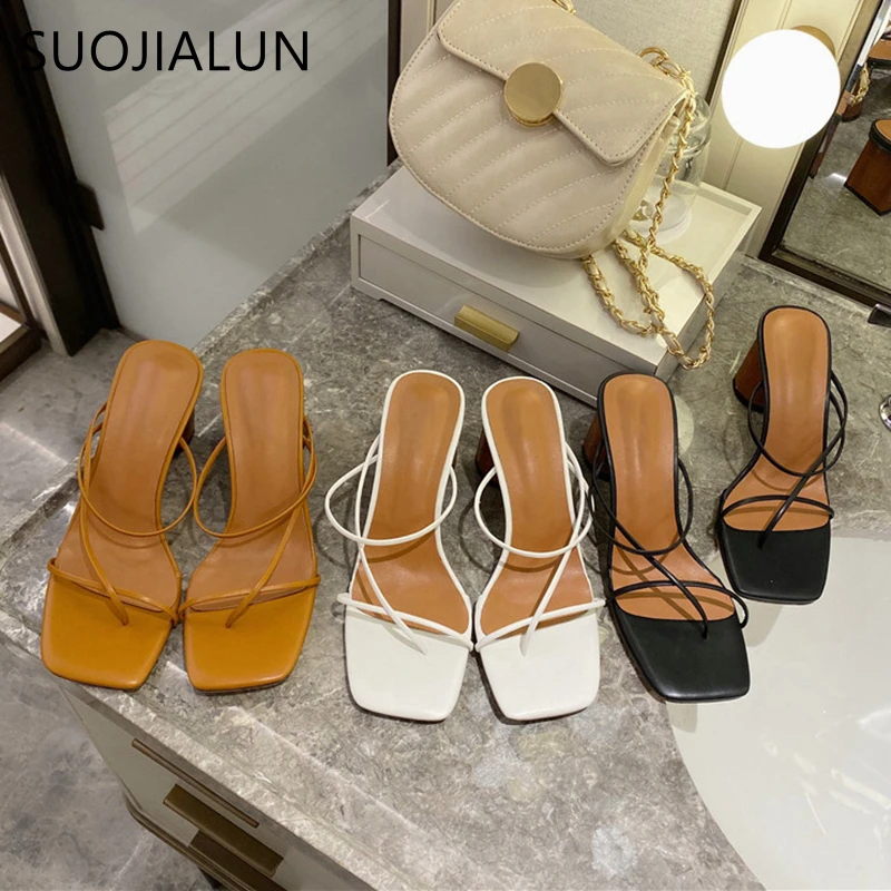 

SUOJIALUN New Summer Slippers High Heel Slides Big Size 41 Narrow Band Sandal Summer Outdoor Vacation Slides Flip Flops Mujer