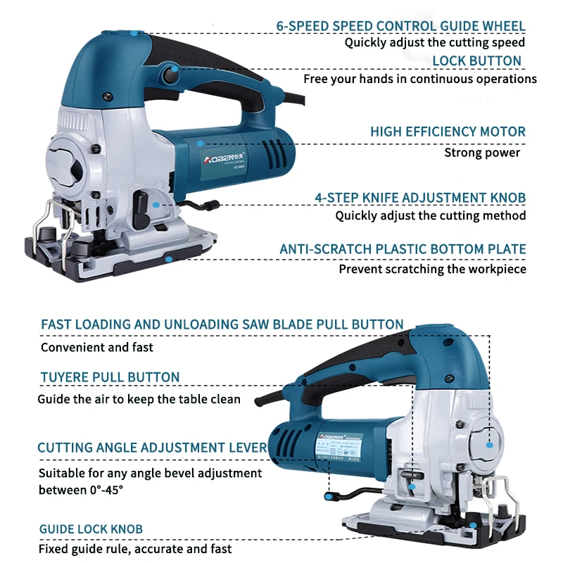 AOBEN 600W Electric Jig Saw Guide 6 Variable Speed Electric Saw  10 Pieces Metal Blades 1 Pieces Carbon Brush Jigsaw Power Tools