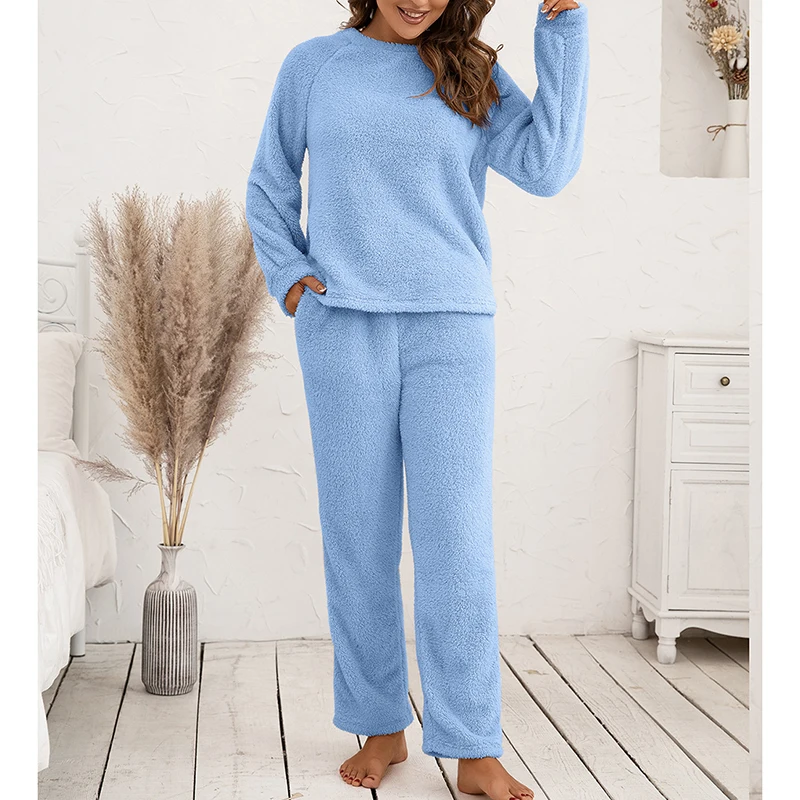 Women Pajamas Sets Fleece Winter Warm Sleepwear Casual Plush Solid Color Long Sleeve Tops Trousers Home Clothes Nightwear New