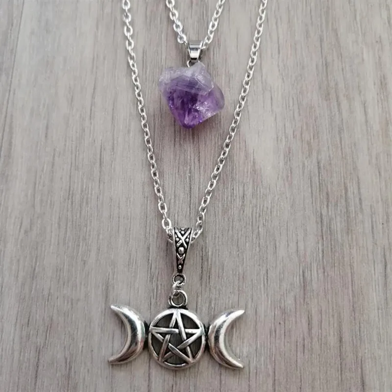 Purple Stone Chain Pentacle Necklace Triple Moon Natural Stone Pendant Wicca Witchy Witch Pagan Esoteric Gothic 2021 Women Gift