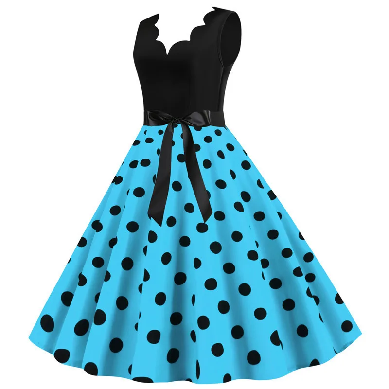 Polka Dot Print Women Summer Dress Black Patchwork Sleeveless V Neck Elegant Vintage Party Casual Midi Dress