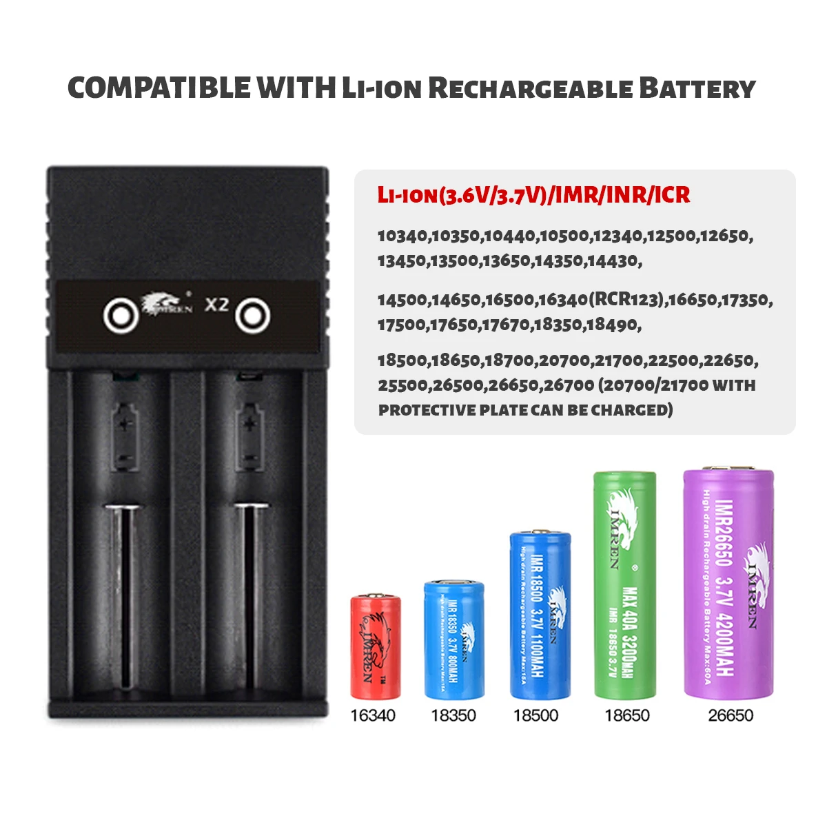 IMREN X2 18650 Lithium Battery Charger for Li-ion 10440 14500 18650 17650 17500 21700 26650 25500 Batteries 2 Slots USB Charger