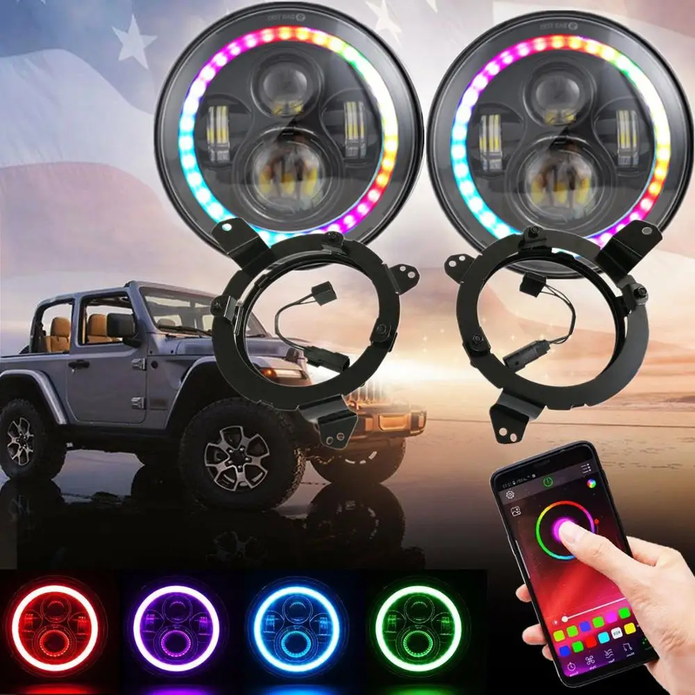 

Bluetooth App 7Inch Headlights RGB Halo JL Mounting Bracket Set Replacement For Jeep Wrangler JL 9Inch Headlights 2018+