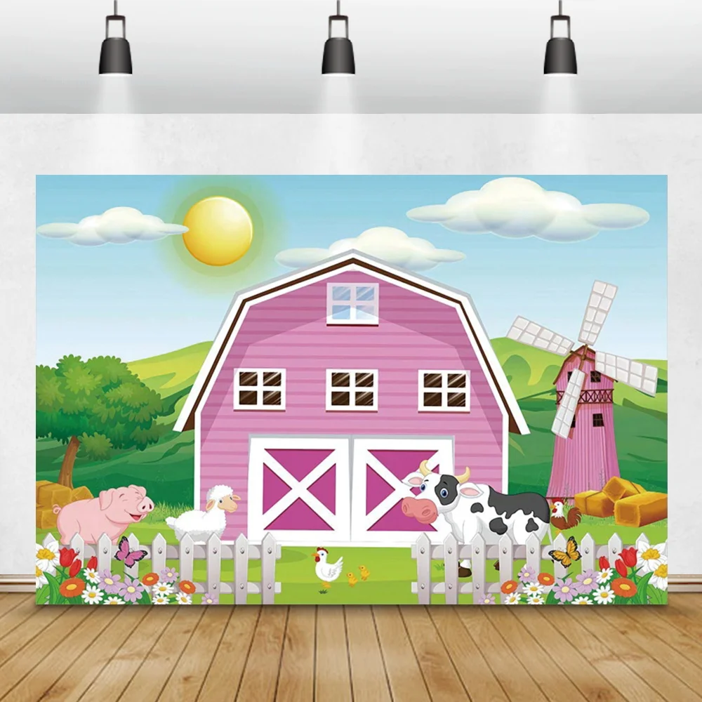 Laeacco Pink Farm Animals Baby Shower Birthday Party Photography Backdrop Sky Clouds Sun Party Decor Customized Photo Background