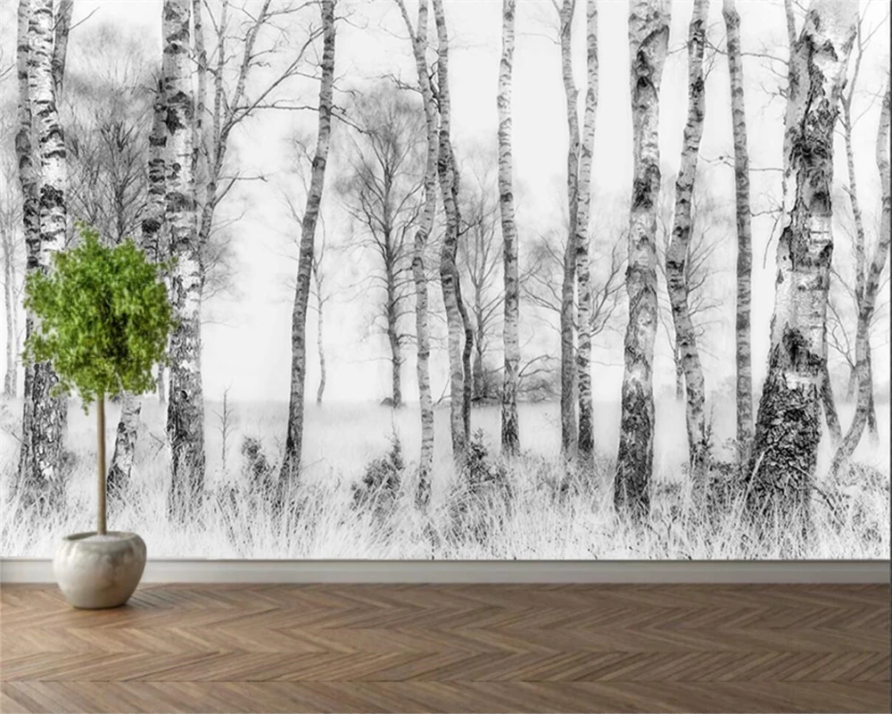 Aangepaste Behang Grote Boom Muurschildering Zwart En Wit Berkenbos Achtergrond Decoratieve Schilderkunst Zelfklevende Materiaal Mural Foto