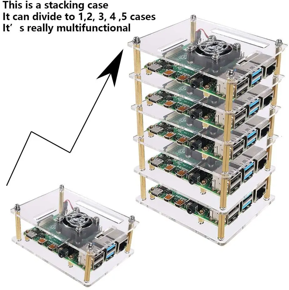 Raspberry Pi 4 B Case, Raspberry Pi 4 B, Estojo de empilhamento com ventoinha e tampa de ventilador, Estojo de empilhamento